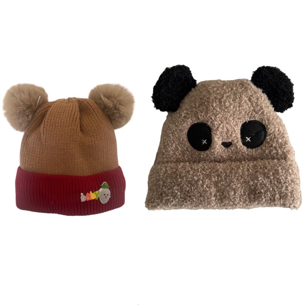 NWOT Infant brown & red with two Pom poms & brown and black panda beanie bundle